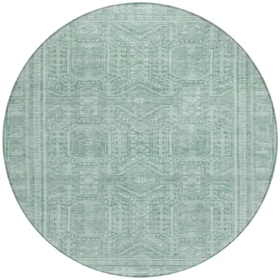 8' Teal Blue And Aqua Round Geometric Washable Indoor Outdoor Area Rug Photo 3