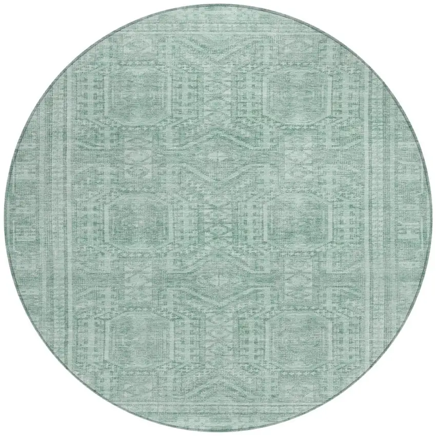 8' Teal Blue And Aqua Round Geometric Washable Indoor Outdoor Area Rug Photo 3