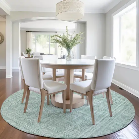 8' Teal Blue And Aqua Round Geometric Washable Indoor Outdoor Area Rug Photo 6