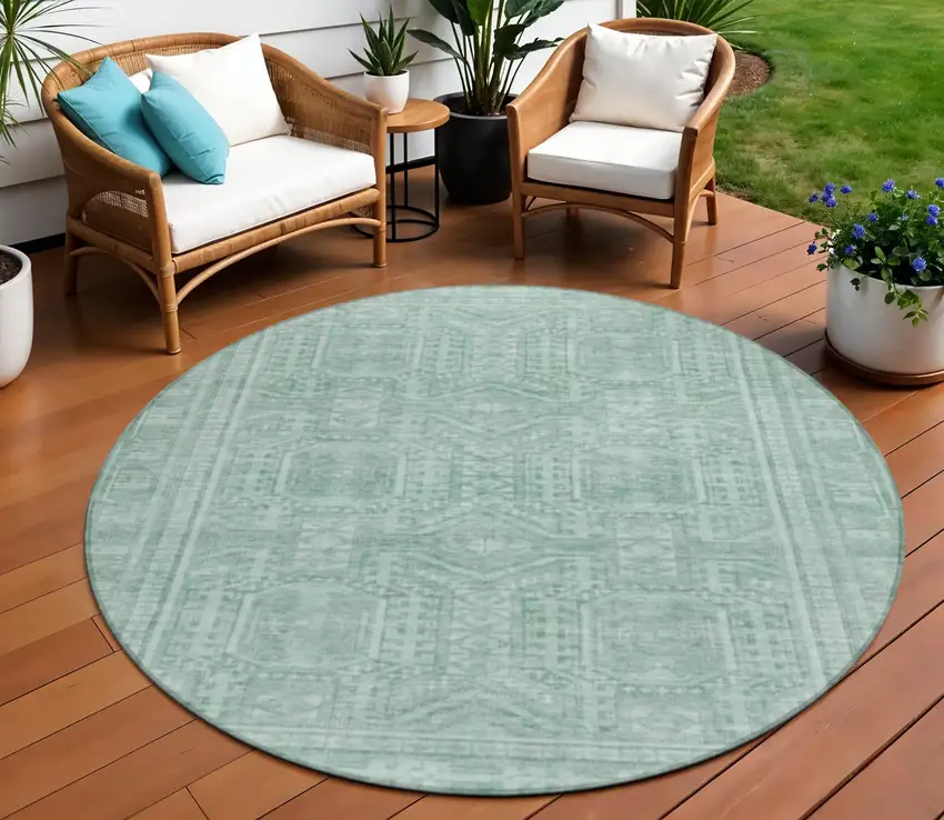 8' Teal Blue And Aqua Round Geometric Washable Indoor Outdoor Area Rug Photo 2