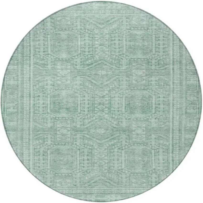 8' Teal Blue And Aqua Round Geometric Washable Indoor Outdoor Area Rug Photo 4
