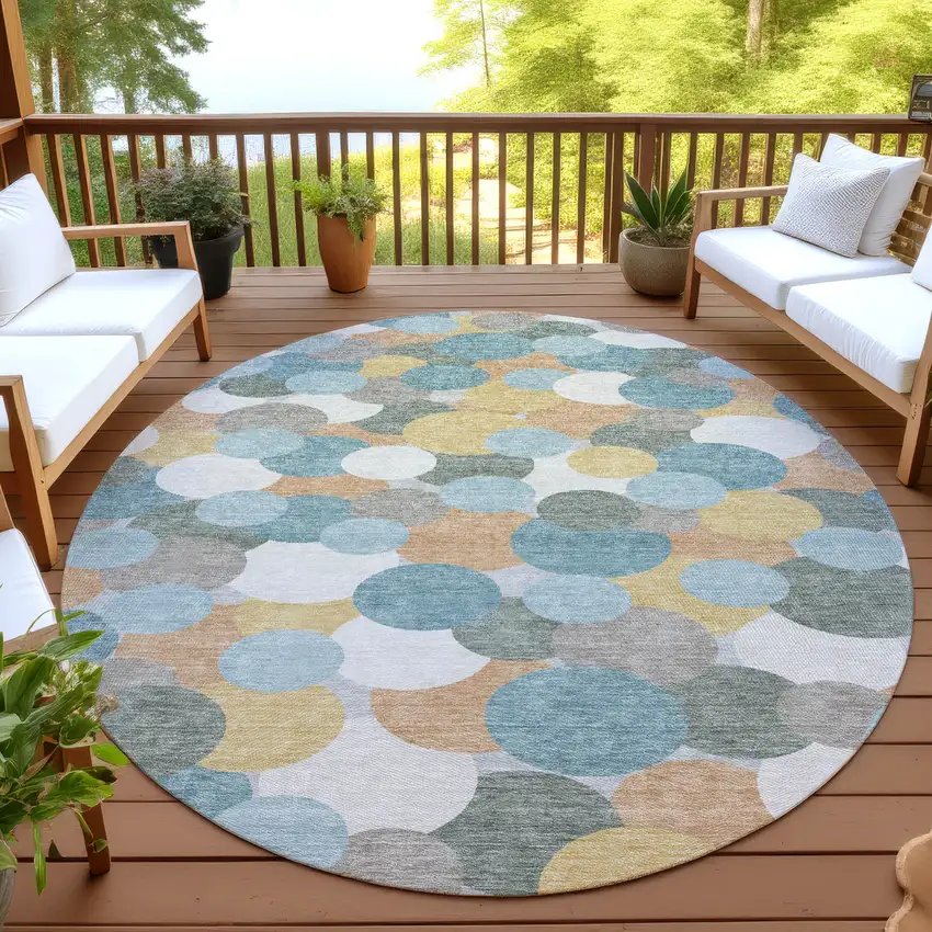 8' Teal Blue And Aqua Round Geometric Washable Indoor Outdoor Area Rug Photo 4