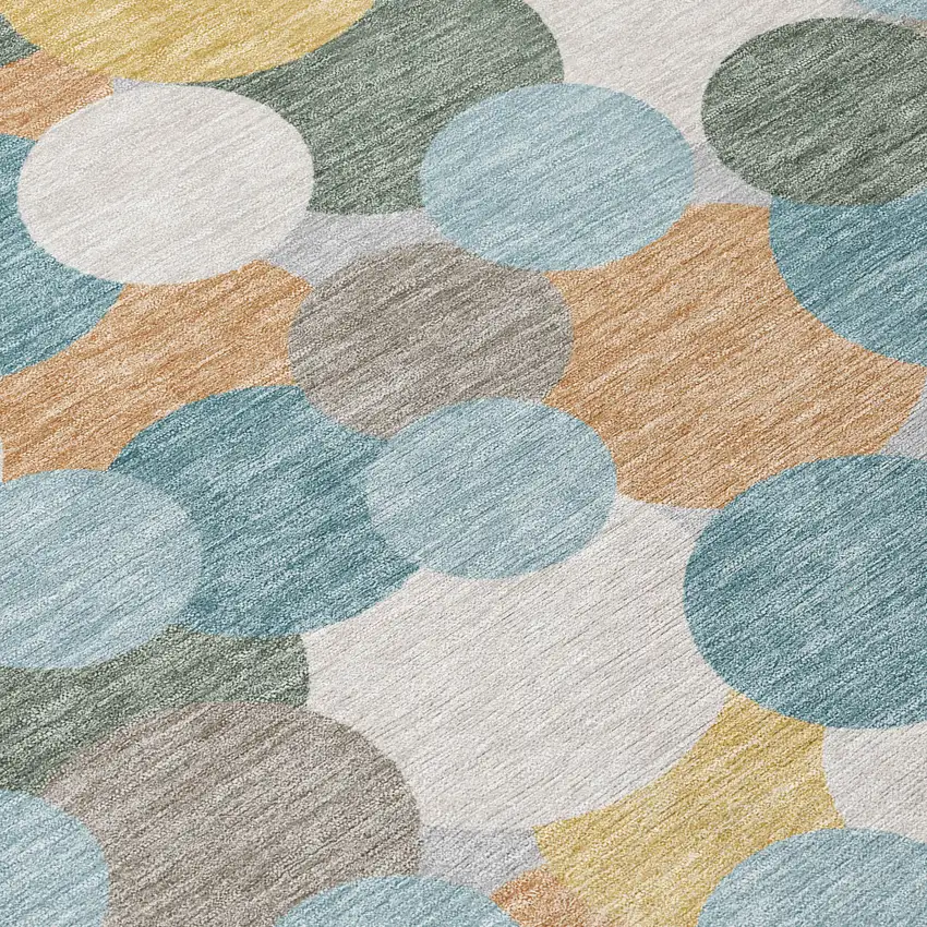 8' Teal Blue And Aqua Round Geometric Washable Indoor Outdoor Area Rug Photo 7