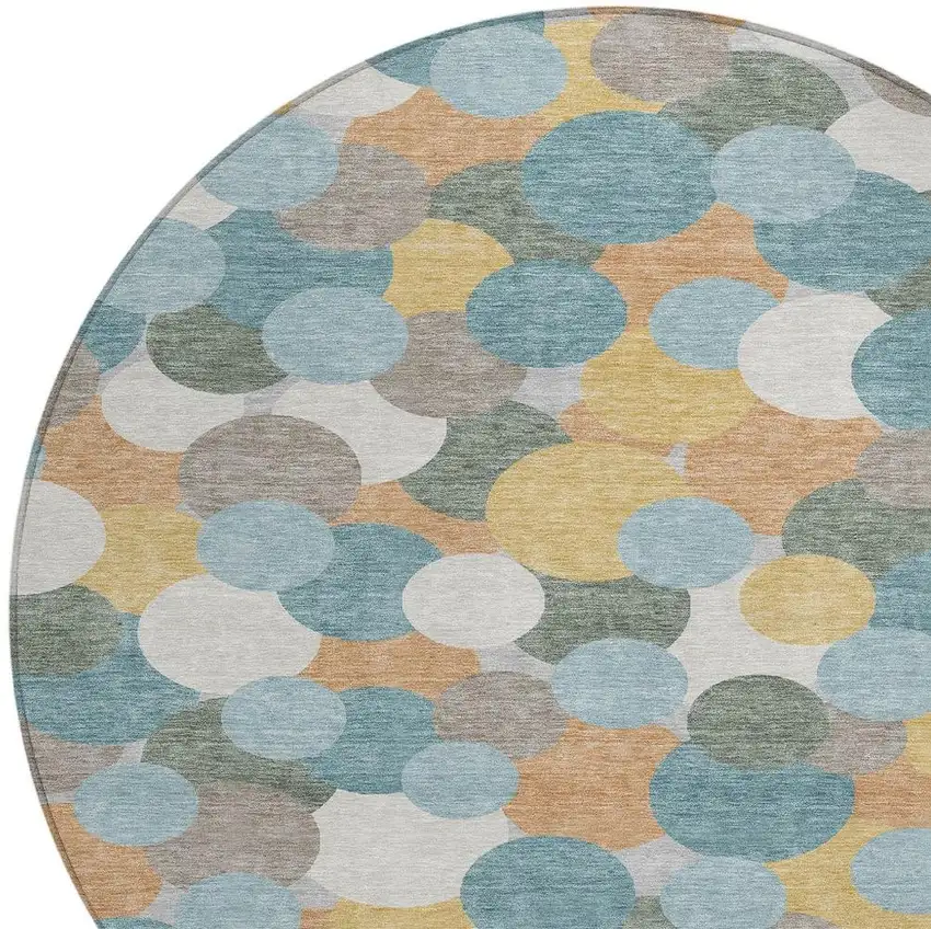 8' Teal Blue And Aqua Round Geometric Washable Indoor Outdoor Area Rug Photo 2