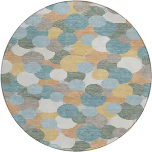 Photo of 8' Teal Blue And Aqua Round Geometric Washable Indoor Outdoor Area Rug