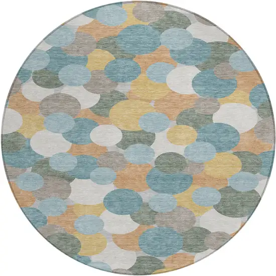 8' Teal Blue And Aqua Round Geometric Washable Indoor Outdoor Area Rug Photo 1