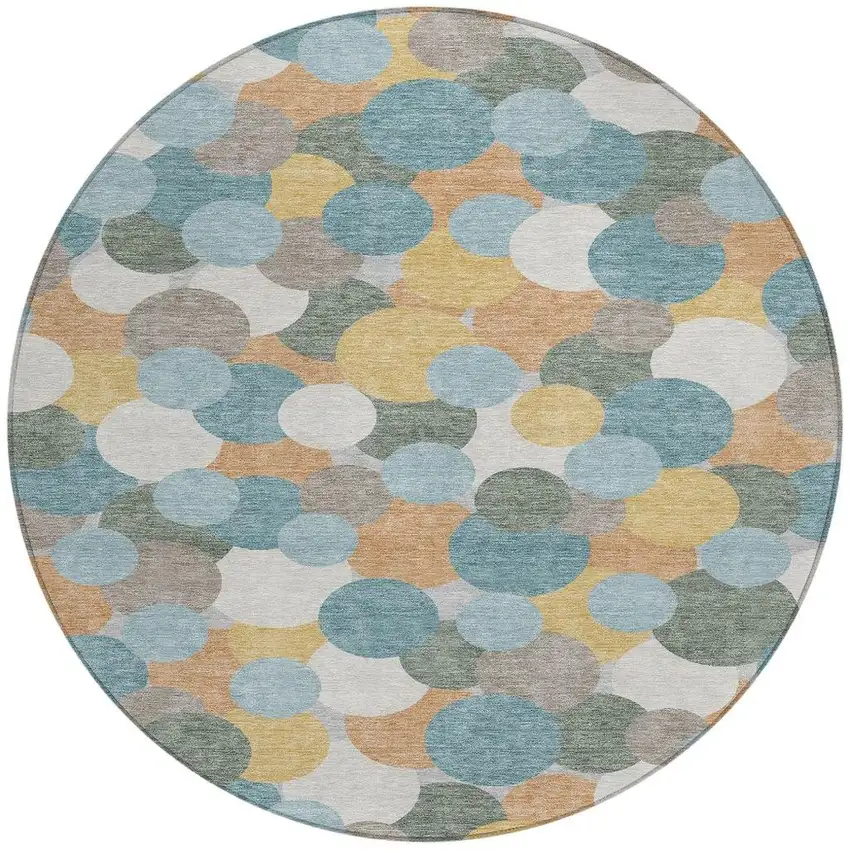 8' Teal Blue And Aqua Round Geometric Washable Indoor Outdoor Area Rug Photo 3