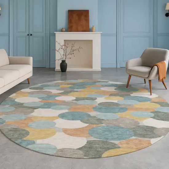 8' Teal Blue And Aqua Round Geometric Washable Indoor Outdoor Area Rug Photo 5