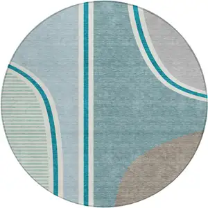Photo of 8' Teal Blue And Aqua Round Geometric Washable Indoor Outdoor Area Rug