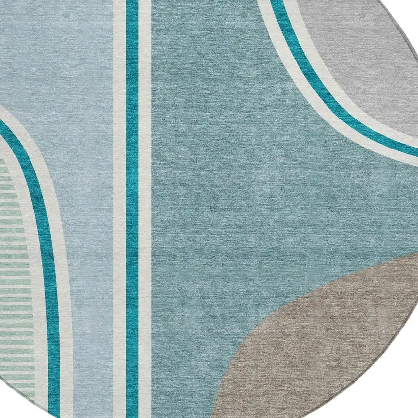 8' Teal Blue And Aqua Round Geometric Washable Indoor Outdoor Area Rug Photo 2