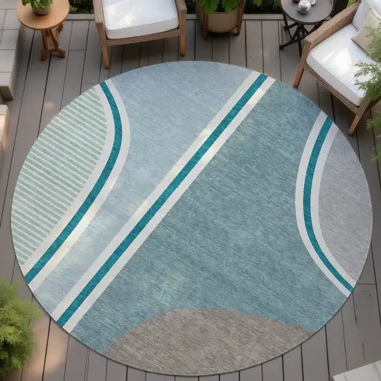 8' Teal Blue And Aqua Round Geometric Washable Indoor Outdoor Area Rug Photo 4