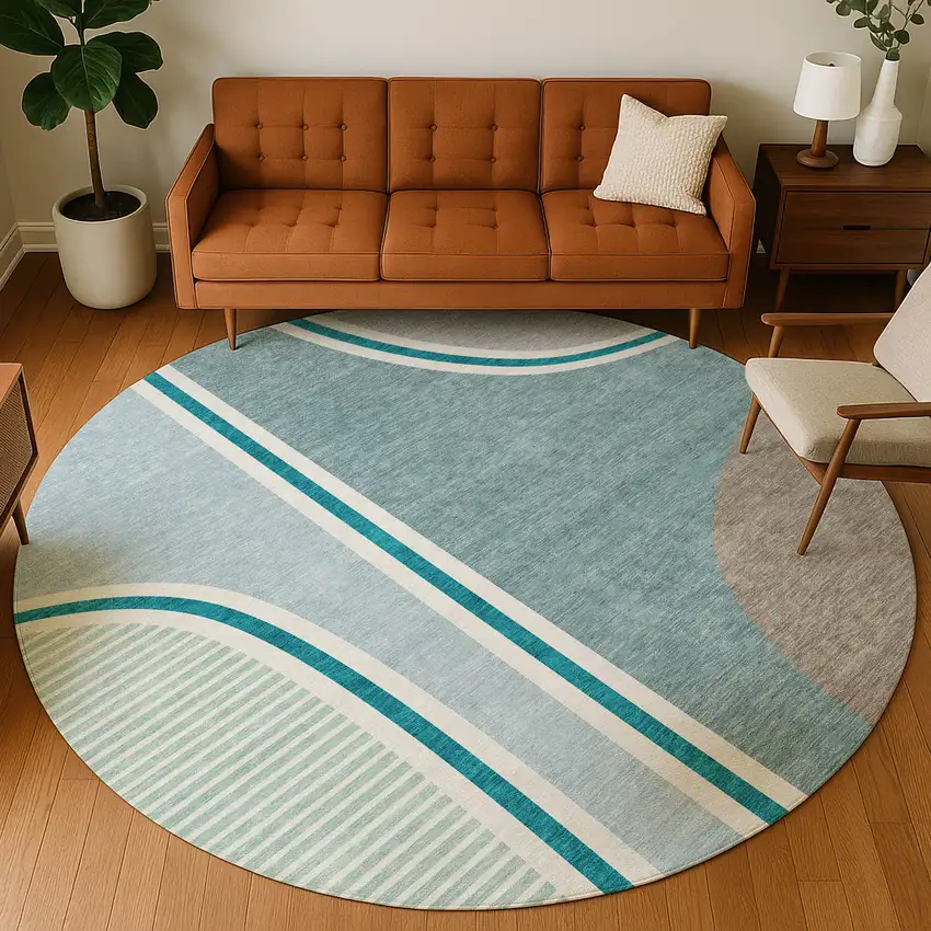 8' Teal Blue And Aqua Round Geometric Washable Indoor Outdoor Area Rug Photo 5