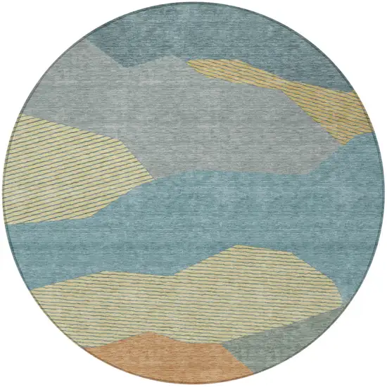 8' Teal Blue And Aqua Round Geometric Washable Indoor Outdoor Area Rug Photo 3