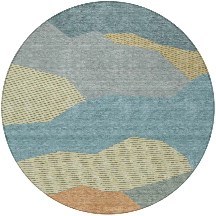 8' Teal Blue And Aqua Round Geometric Washable Indoor Outdoor Area Rug Photo 3