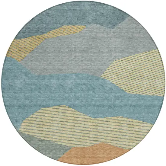 8' Teal Blue And Aqua Round Geometric Washable Indoor Outdoor Area Rug Photo 1