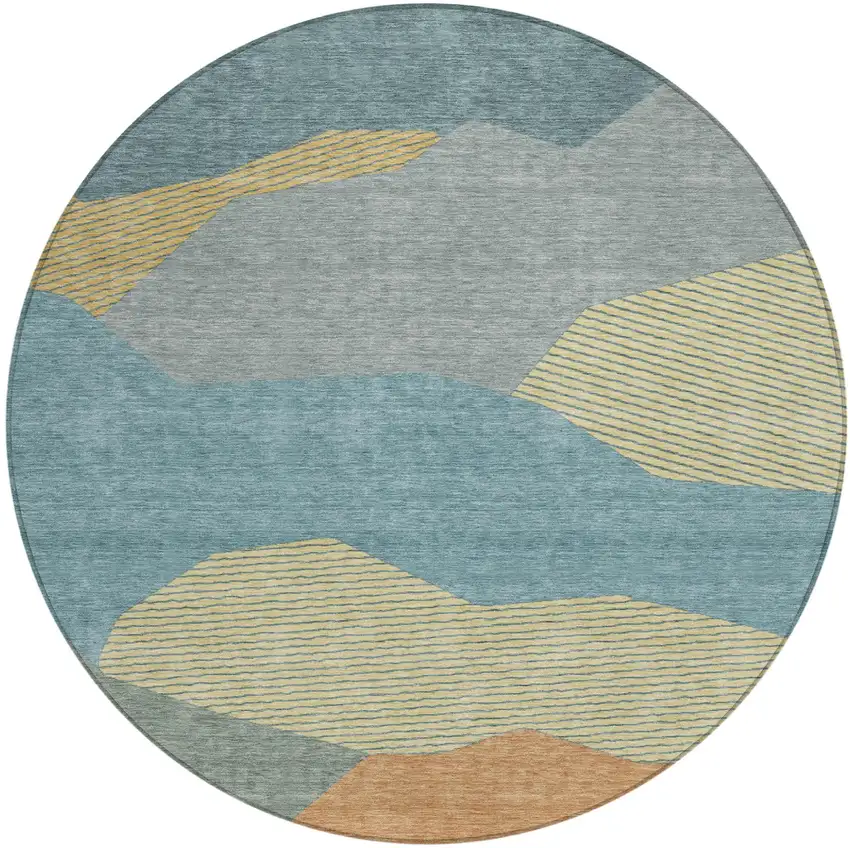 8' Teal Blue And Aqua Round Geometric Washable Indoor Outdoor Area Rug Photo 1