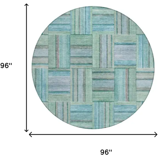 8' Teal Blue And Aqua Round Geometric Washable Indoor Outdoor Area Rug Photo 5