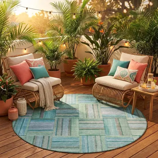 8' Teal Blue And Aqua Round Geometric Washable Indoor Outdoor Area Rug Photo 1