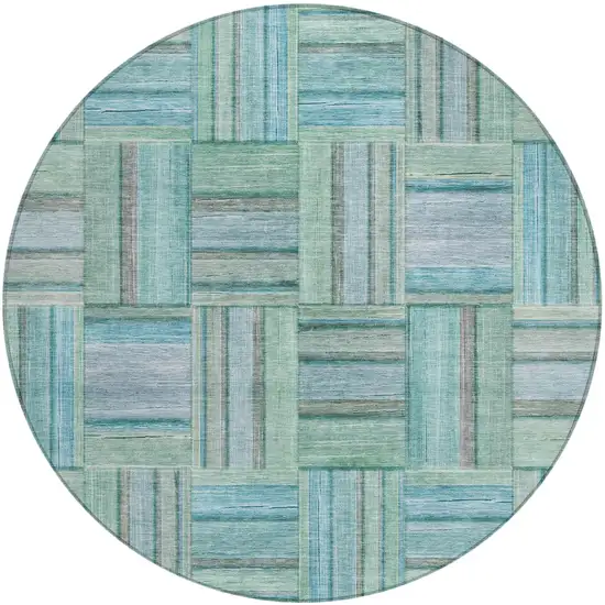 8' Teal Blue And Aqua Round Geometric Washable Indoor Outdoor Area Rug Photo 2