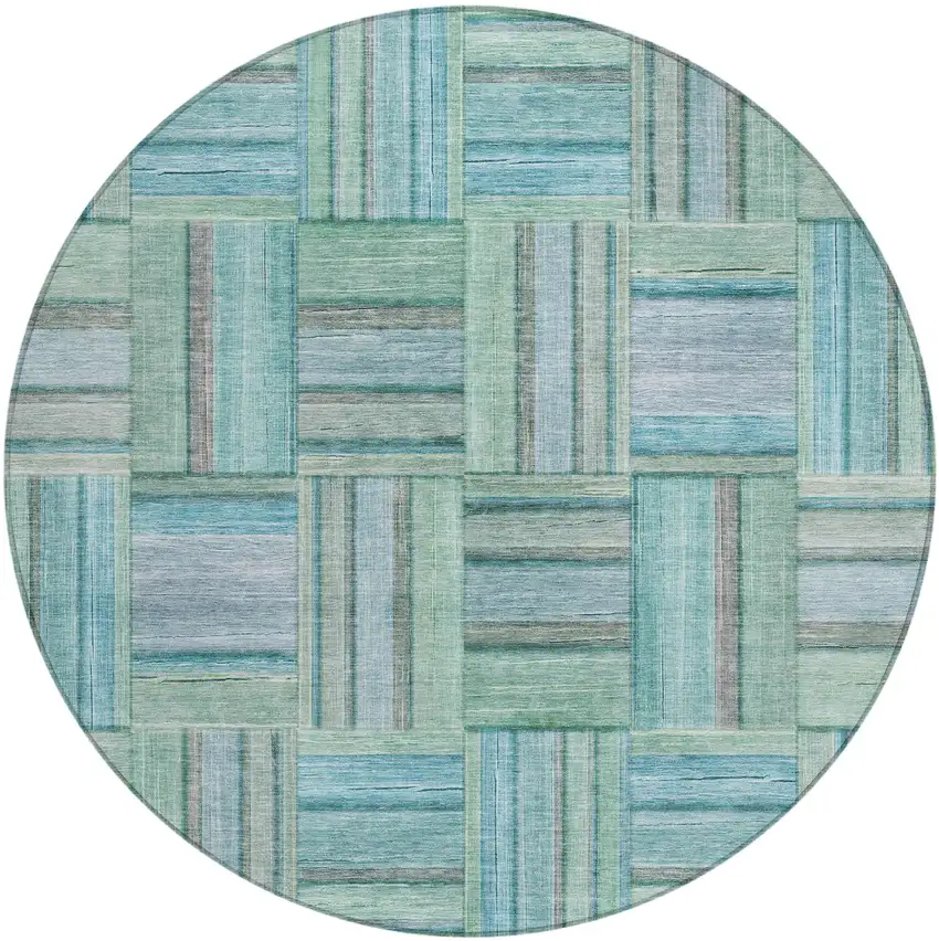 8' Teal Blue And Aqua Round Geometric Washable Indoor Outdoor Area Rug Photo 2