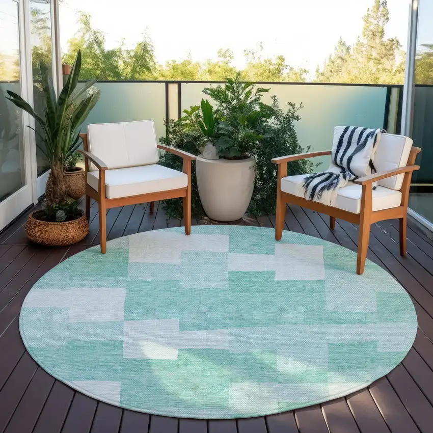 8' Teal Blue And Aqua Round Geometric Washable Indoor Outdoor Area Rug Photo 7