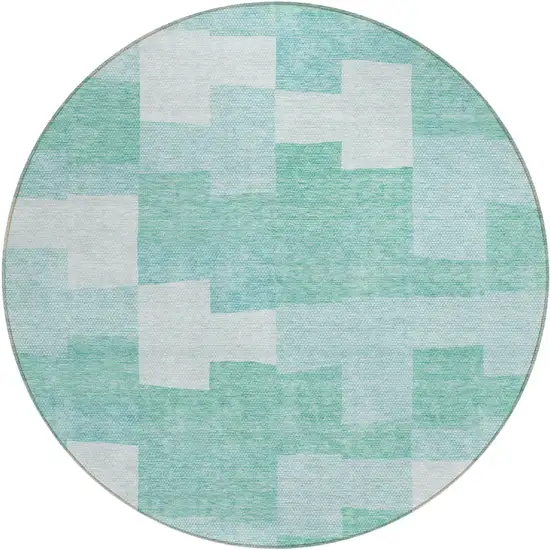 8' Teal Blue And Aqua Round Geometric Washable Indoor Outdoor Area Rug Photo 2