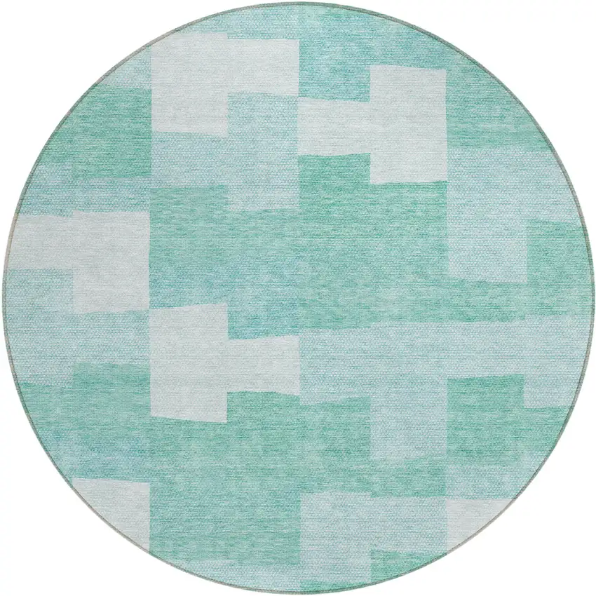8' Teal Blue And Aqua Round Geometric Washable Indoor Outdoor Area Rug Photo 2