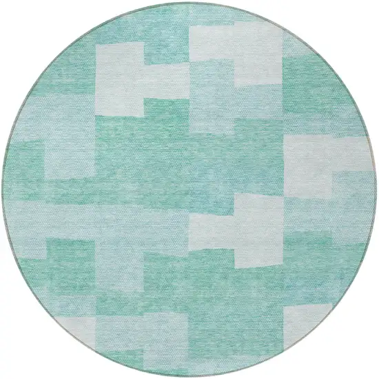 8' Teal Blue And Aqua Round Geometric Washable Indoor Outdoor Area Rug Photo 6
