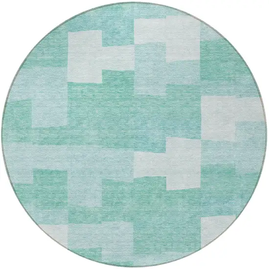 8' Teal Blue And Aqua Round Geometric Washable Indoor Outdoor Area Rug Photo 6