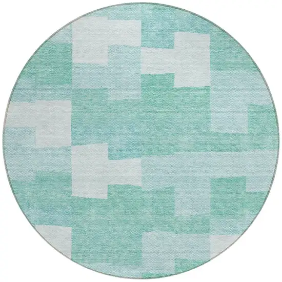 8' Teal Blue And Aqua Round Geometric Washable Indoor Outdoor Area Rug Photo 5