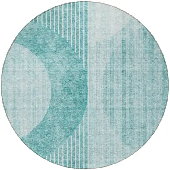 8' Teal Blue And Aqua Round Geometric Washable Indoor Outdoor Area Rug Photo 5