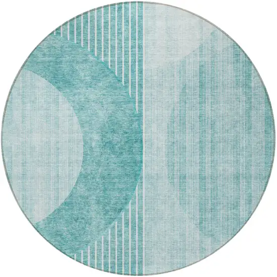 8' Teal Blue And Aqua Round Geometric Washable Indoor Outdoor Area Rug Photo 5