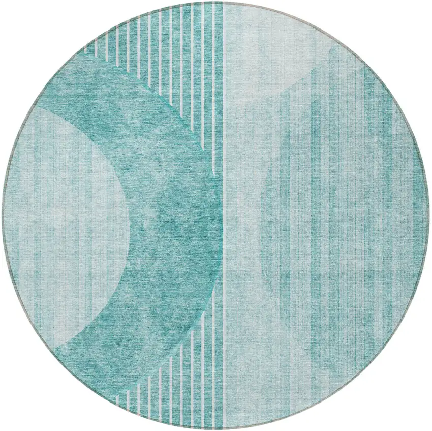 8' Teal Blue And Aqua Round Geometric Washable Indoor Outdoor Area Rug Photo 5