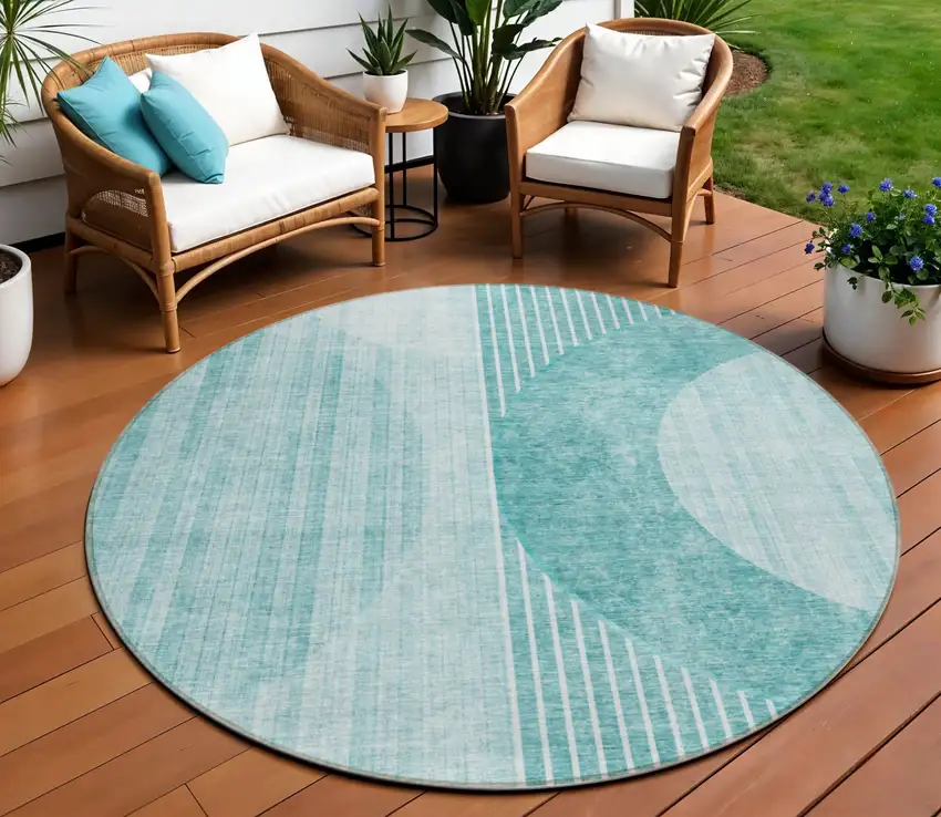 8' Teal Blue And Aqua Round Geometric Washable Indoor Outdoor Area Rug Photo 1
