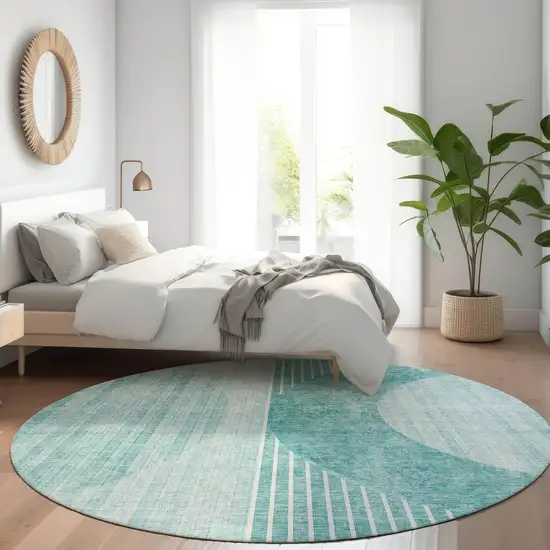 8' Teal Blue And Aqua Round Geometric Washable Indoor Outdoor Area Rug Photo 7