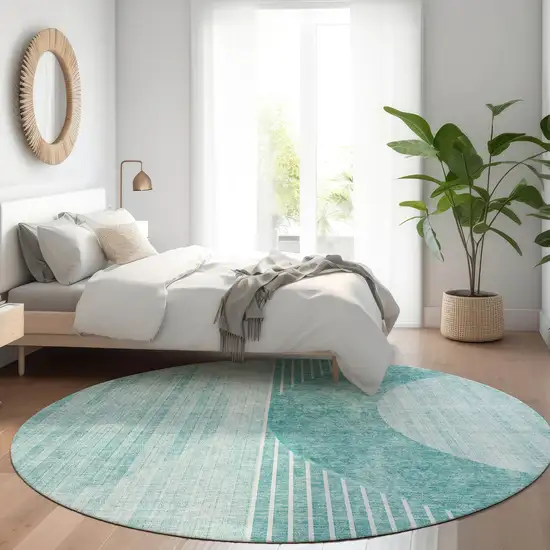 8' Teal Blue And Aqua Round Geometric Washable Indoor Outdoor Area Rug Photo 7