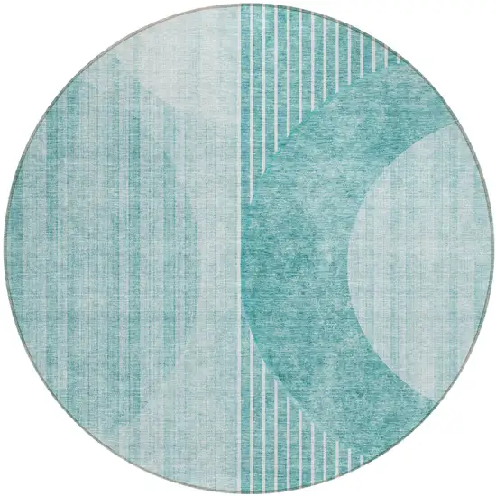 8' Teal Blue And Aqua Round Geometric Washable Indoor Outdoor Area Rug Photo 2