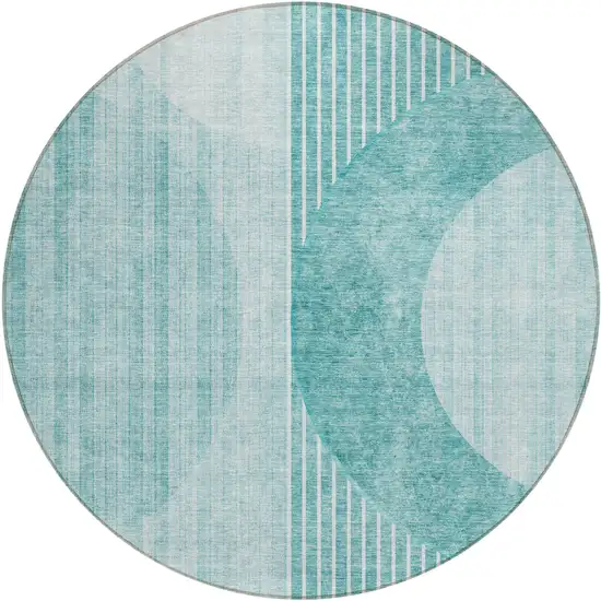 8' Teal Blue And Aqua Round Geometric Washable Indoor Outdoor Area Rug Photo 2
