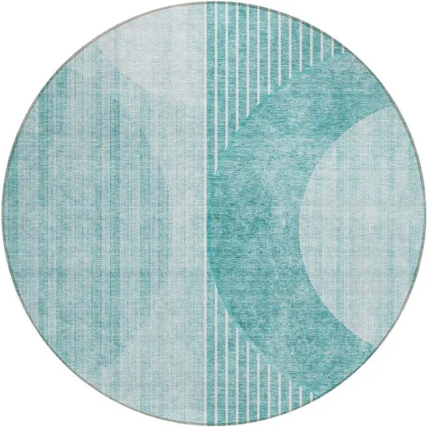 8' Teal Blue And Aqua Round Geometric Washable Indoor Outdoor Area Rug Photo 2