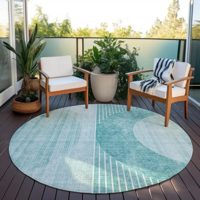 8' Teal Blue And Aqua Round Geometric Washable Indoor Outdoor Area Rug Photo 6