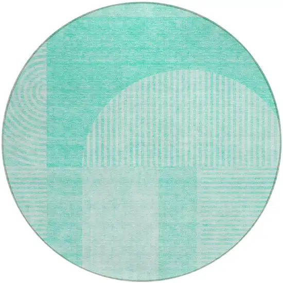 8' Teal Blue And Aqua Round Geometric Washable Indoor Outdoor Area Rug Photo 1