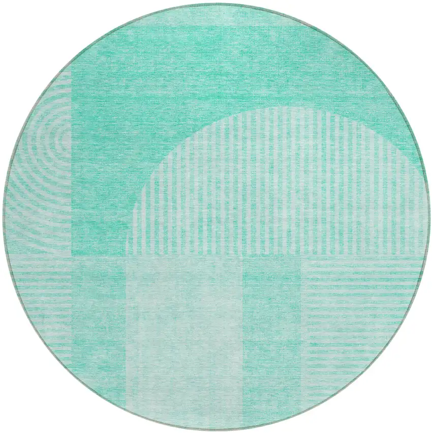 8' Teal Blue And Aqua Round Geometric Washable Indoor Outdoor Area Rug Photo 1