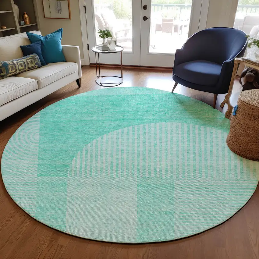 8' Teal Blue And Aqua Round Geometric Washable Indoor Outdoor Area Rug Photo 7
