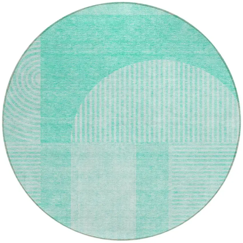 8' Teal Blue And Aqua Round Geometric Washable Indoor Outdoor Area Rug Photo 5
