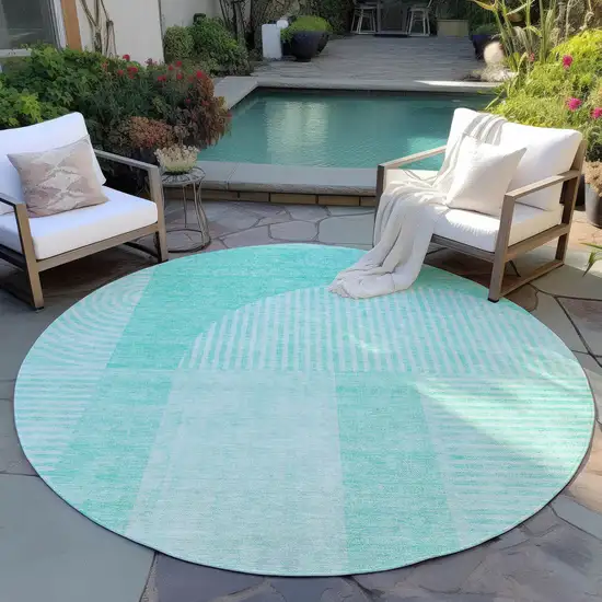 8' Teal Blue And Aqua Round Geometric Washable Indoor Outdoor Area Rug Photo 6