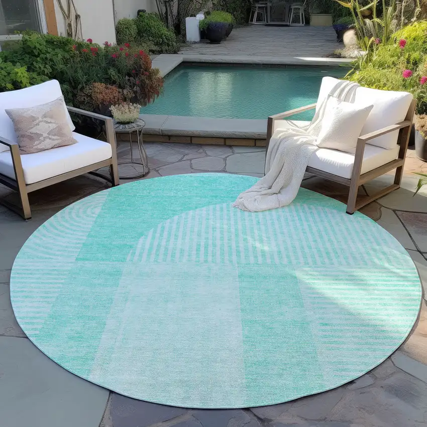 8' Teal Blue And Aqua Round Geometric Washable Indoor Outdoor Area Rug Photo 6