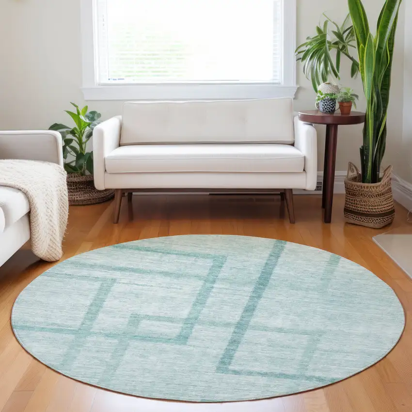 8' Teal Blue And Aqua Round Geometric Washable Indoor Outdoor Area Rug Photo 8