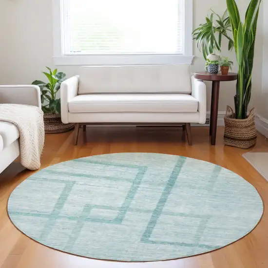 8' Teal Blue And Aqua Round Geometric Washable Indoor Outdoor Area Rug Photo 8