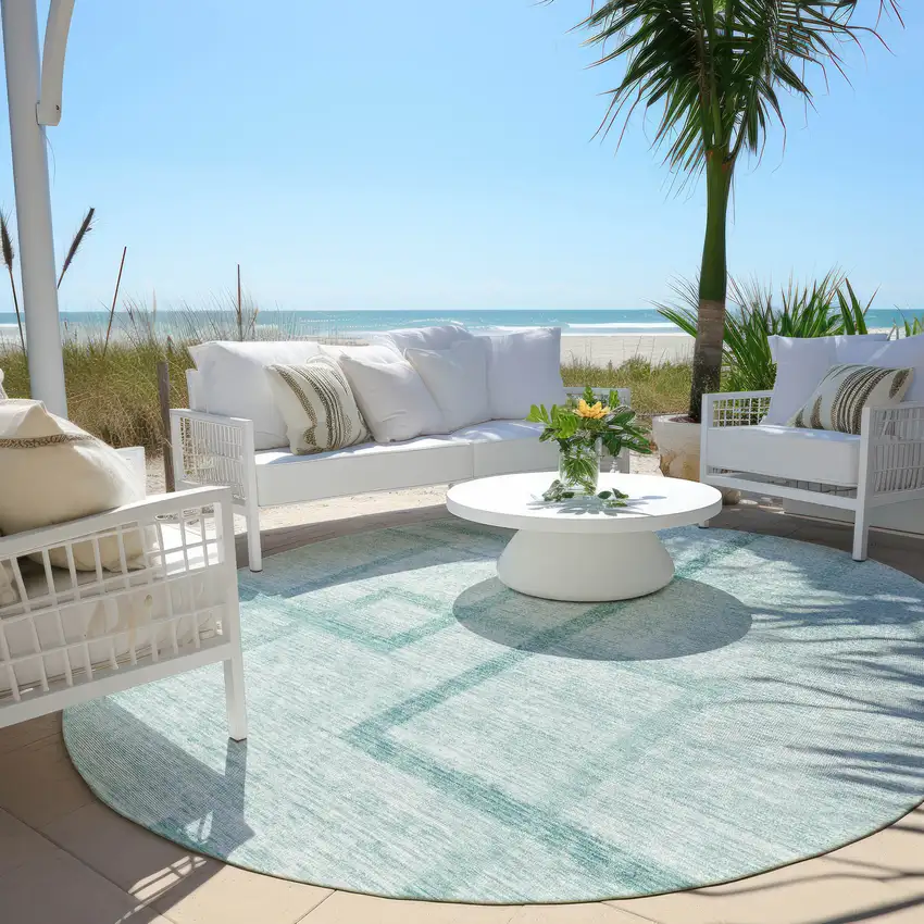 8' Teal Blue And Aqua Round Geometric Washable Indoor Outdoor Area Rug Photo 7
