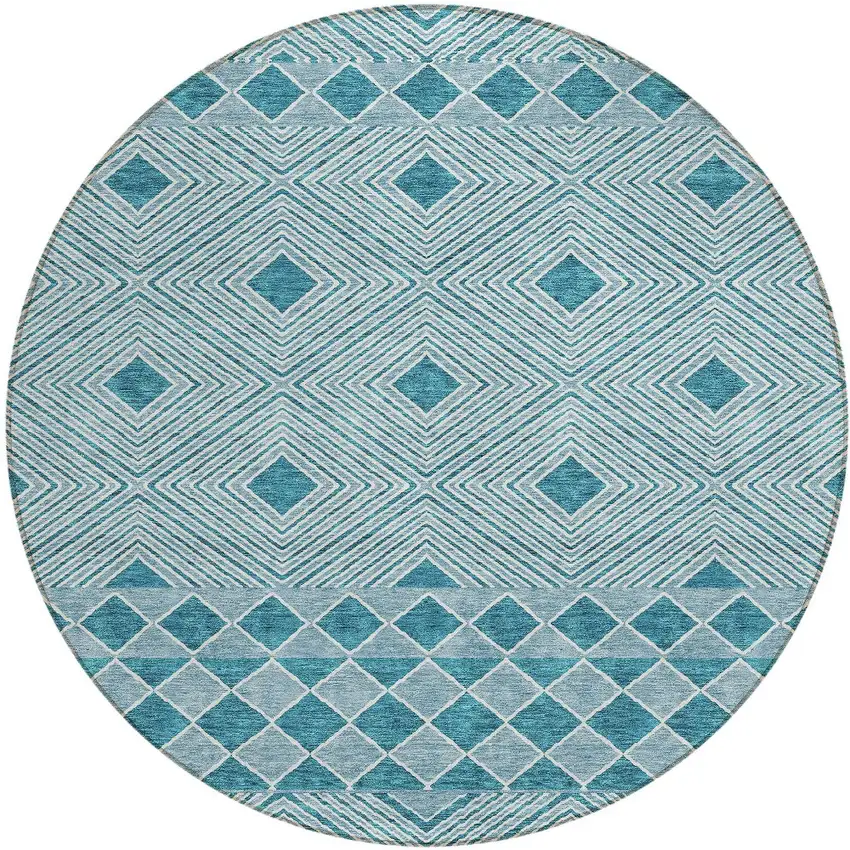 8' Teal Blue And Aqua Round Geometric Washable Indoor Outdoor Area Rug Photo 4